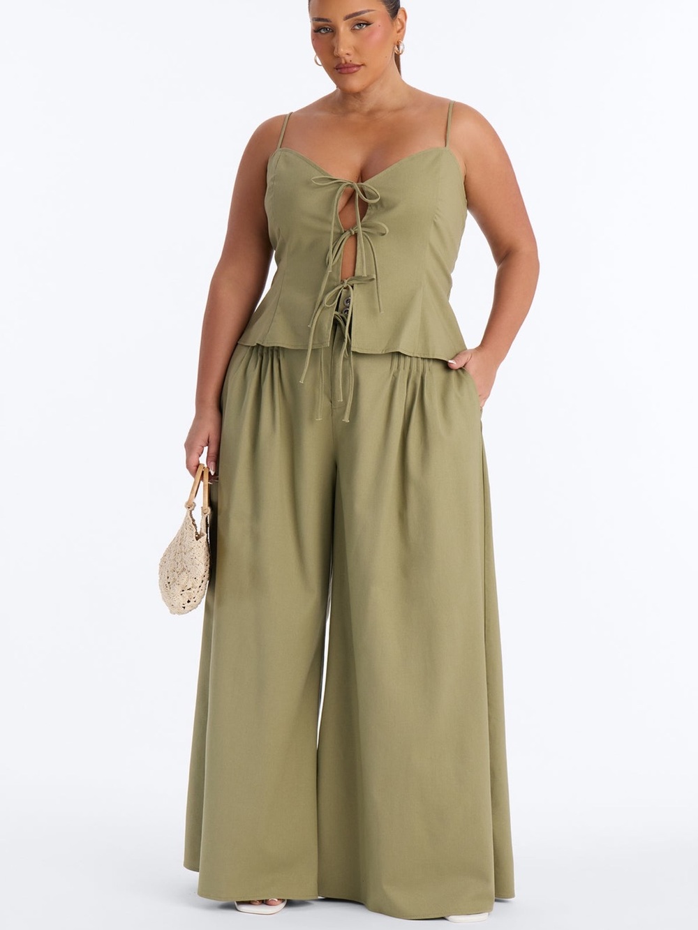NWT Fashion Nova Olive Nikki Tie Front Pleated Pant Set